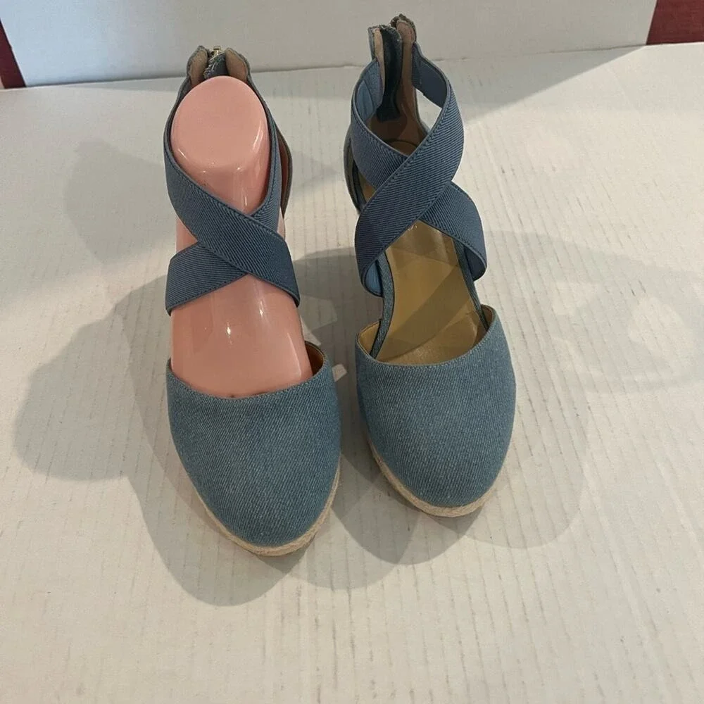 Talbots Lyndsay Espadrille Denim Wedge Criss Cross Straps Back Zip Shoes Sz 9 - Picture 5 of 11